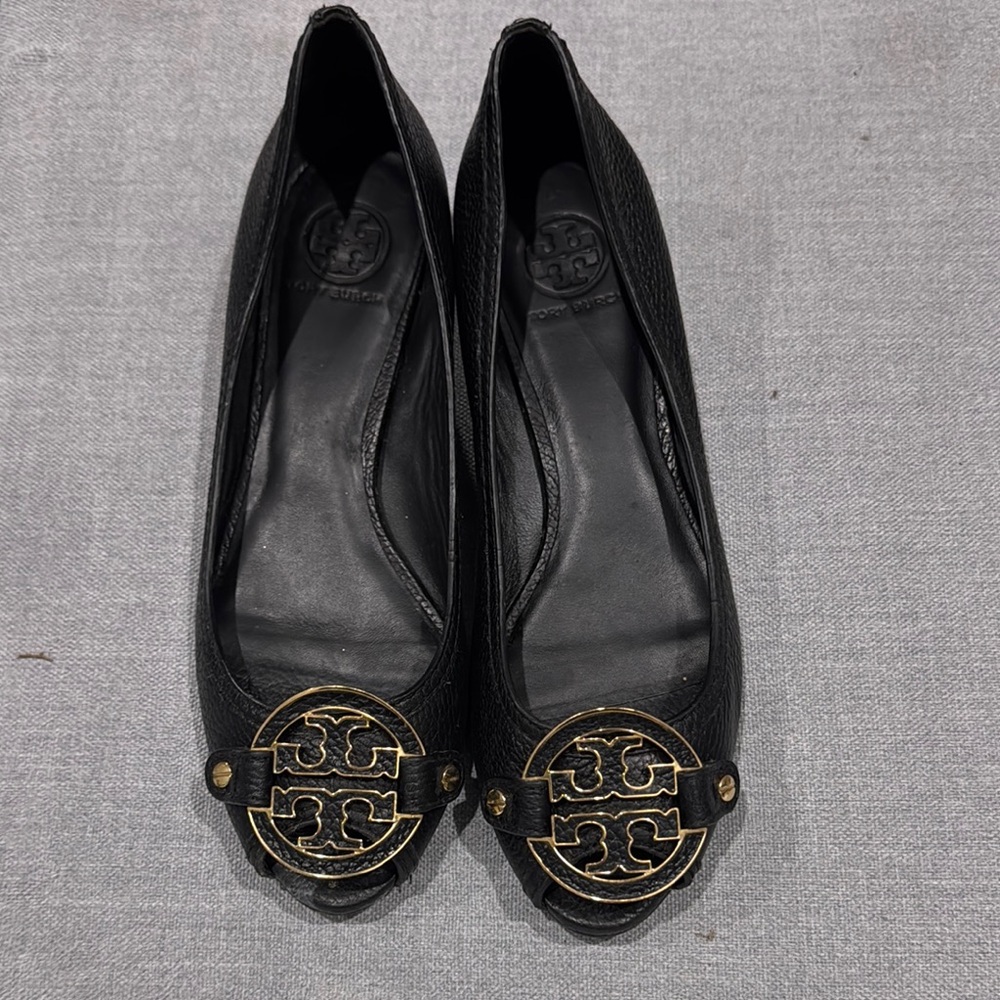 Tory Burch Black and Gold Flats with Signature Medallion